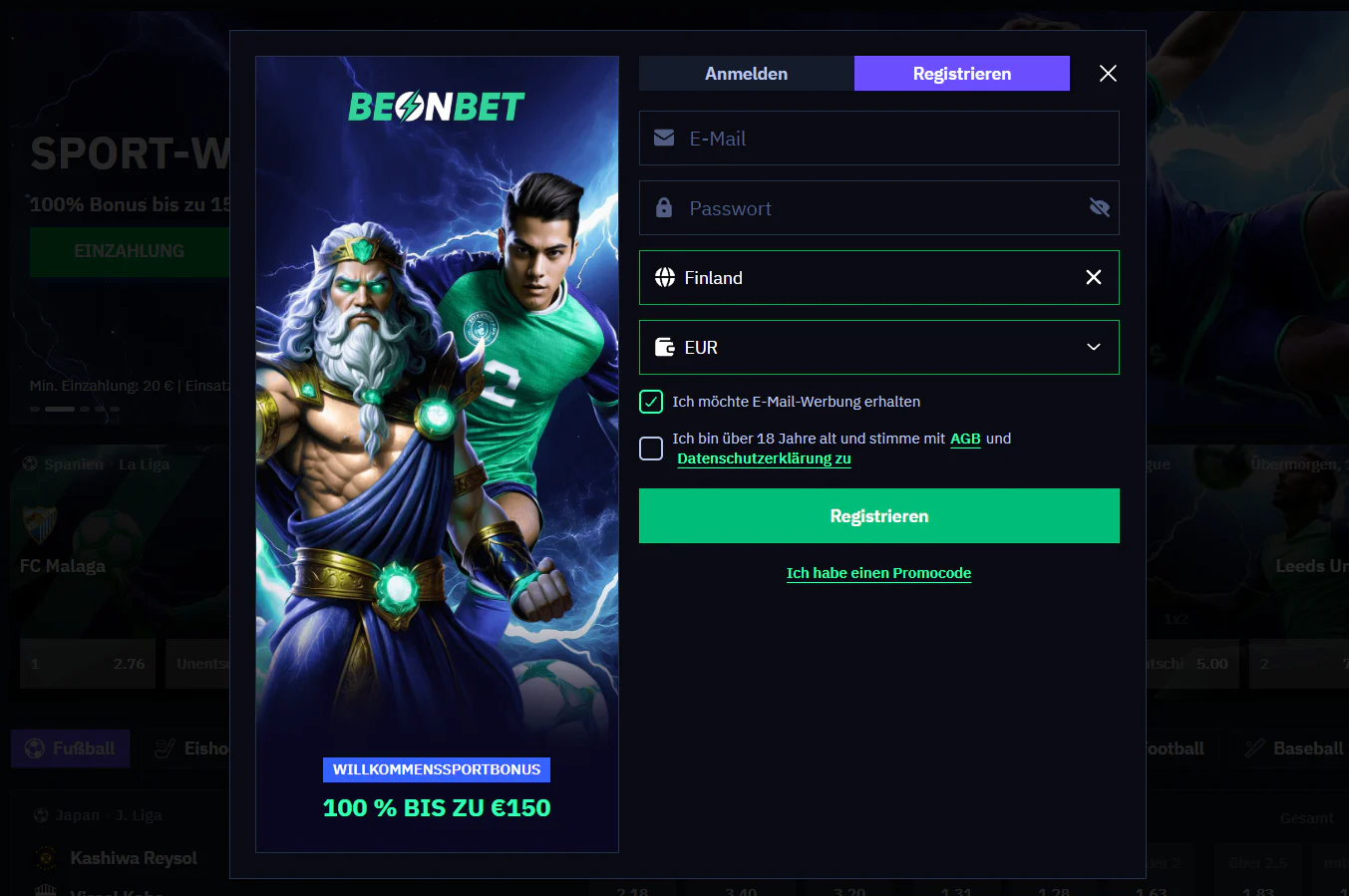 Beonbet Casino – Registrierungsformular mit E-Mail, Passwort, Länderauswahl und Sport-Willkommensbonus von 100 % bis zu 150 €