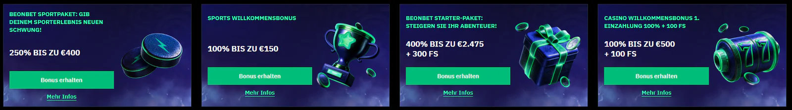 Beonbet Casino – Werbebanner mit Casino- und Sport-Willkommensboni, darunter 400 % bis zu 2.475 € und 300 Freispiele sowie 250 % bis zu 400 € für Sportwetten.